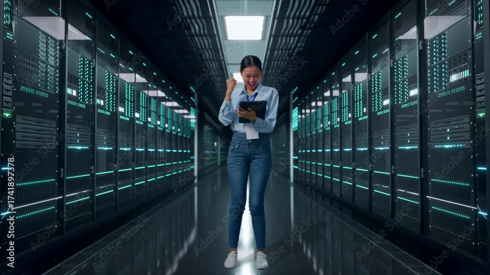 custom made wallpaper toronto digitalFull Body Of Asian Female With Her Tablet In Server Room Data Center, She Raises Her Fist Up With Screaming Goal After Typed On The Tablet