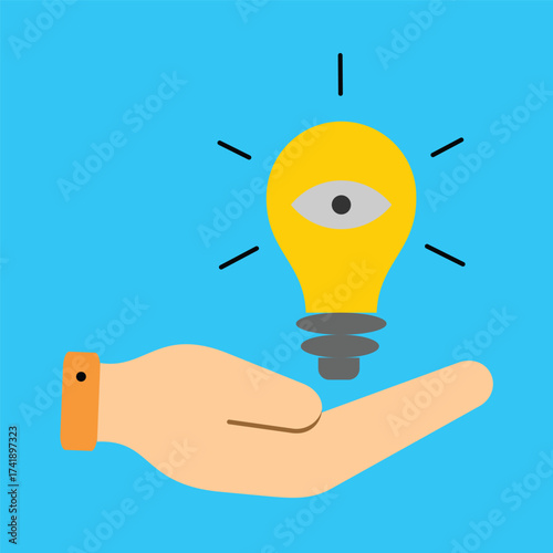Hand presenting a glowing lightbulb with an insightful eye, symbolizing creative vision, innovation, and strategic thinking for business development and marketing solutions