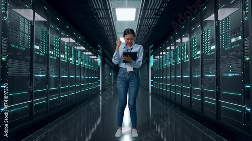 Wallpaper Mural Full Body Of Asian Female With Her Tablet In Server Room Data Center, She Raises Her Fist Up With Screaming Goal After Typed On The Tablet Torontodigital.ca