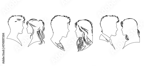 Monochrome line art showcases silhouettes of male and female couples facing each other, exuding a minimalist aesthetic with fine detail in their stylish hairstyles and attire