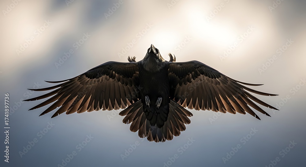 Obraz premium Majestic Raven in Flight Against a Cloudy Sky, Viewed From Below with Wings Spread Wide
