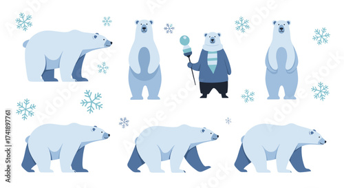 A collection of polar bears in various poses and a few snowflakes.