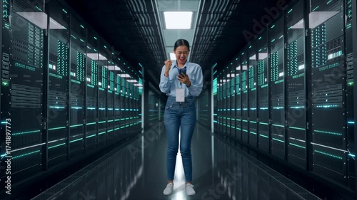 Wallpaper Mural Full Body Of Asian Female With Her Smarphone In Server Room Data Center, She Raises Her Fist Up With Screaming Goal Torontodigital.ca