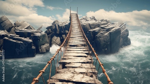 A cracked bridge stretching over turbulent waters with no railings, symbolizing unstable ventures where a single misstep can lead to collapse despite potential for high rewards.