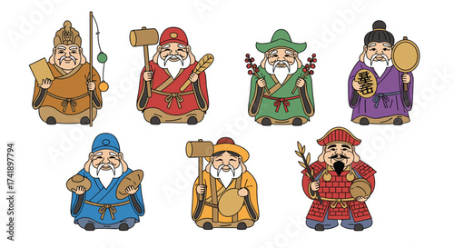 The seven lucky gods are figures of Japanese mythology and folklore.