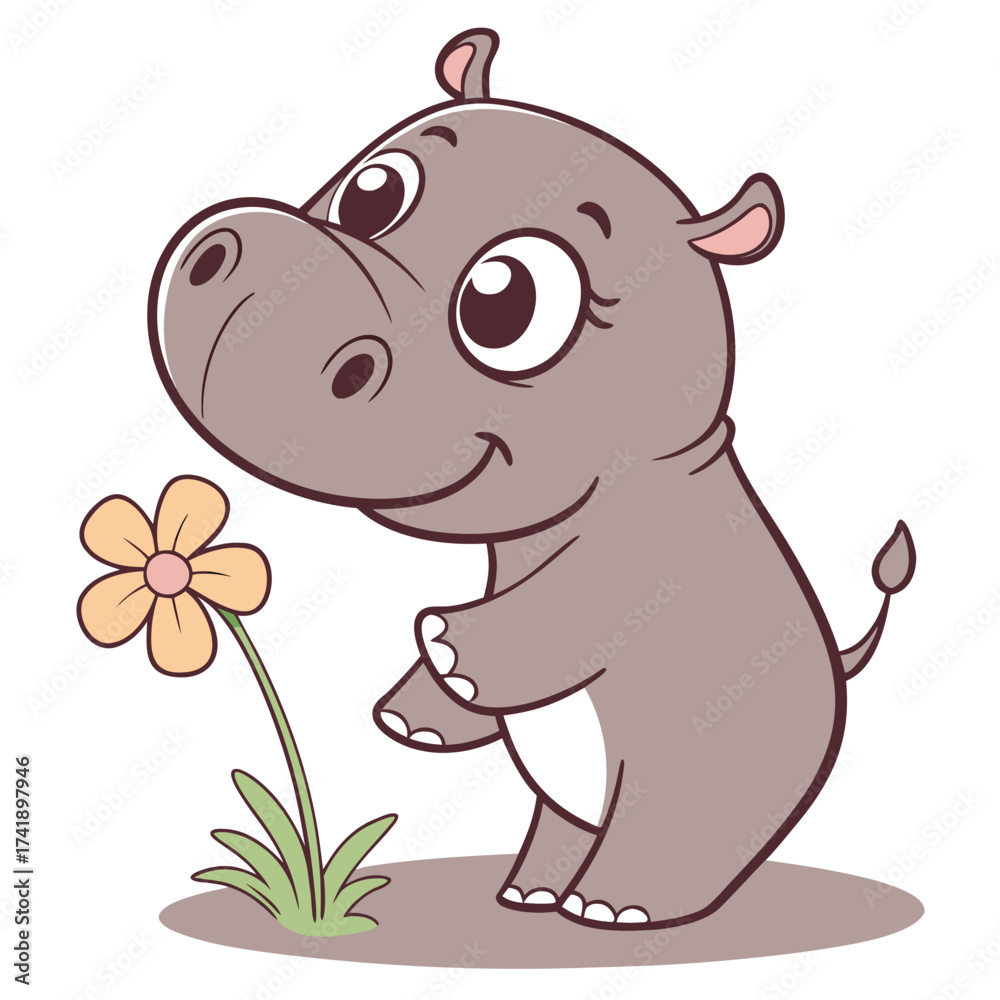 Fototapeta premium Cute baby hippo cartoon illustration holding a small flower in a joyful scene vector graphic