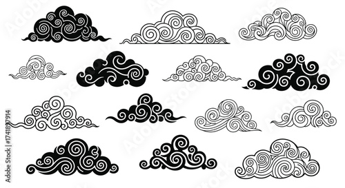 Abstract decorative swirling cloud patterns in black and white.