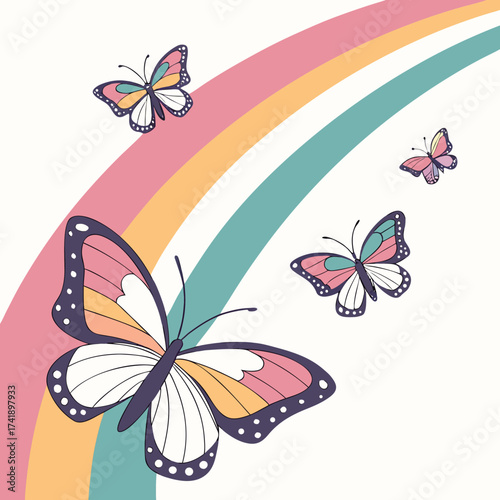 Colorful butterflies fluttering around abstract pastel rainbow arc vector illustration