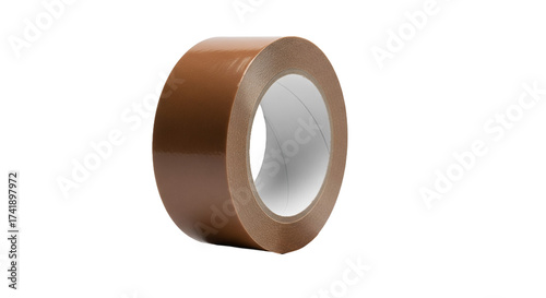Roll of brown adhesive tape on white background, office supplies, package sealing, close-up