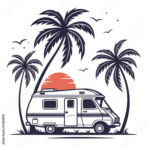 Retro camper van palm trees sunset vector illustration scalable for summer vacation adventures