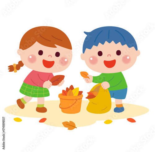 落ち葉拾いをする子どもたちのイラスト