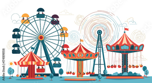 Amusement park rides and attractions at a funfair.
