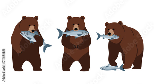 Three bears standing and holding fish in their mouths.