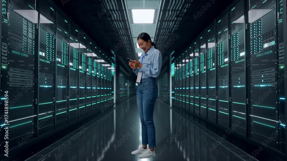 custom made wallpaper toronto digitalFull Body Side View Of Asian Female With Her Phone In Server Room Data Center, She Raises Her Fist Up With Screaming Goal