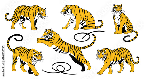 A collection of majestic tigers in various poses and actions.