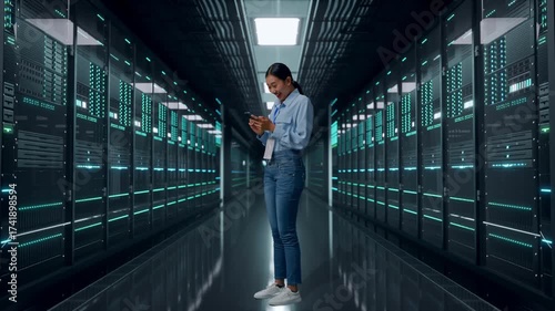 Wallpaper Mural Full Body Side View Of Asian Female With Her Phone In Server Room Data Center, She Raises Her Fist Up With Screaming Goal Torontodigital.ca