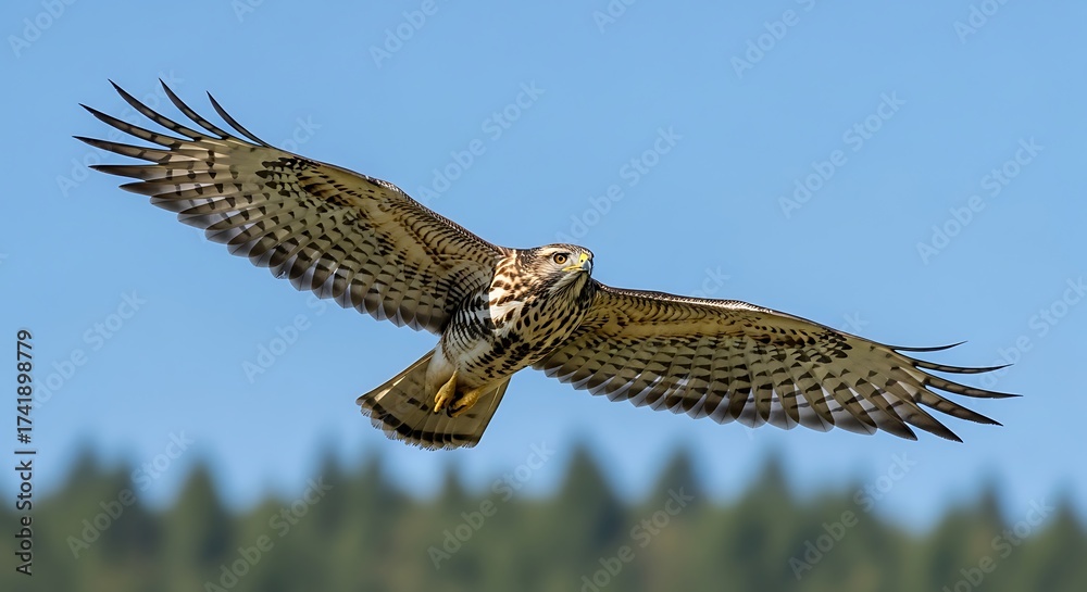 Fototapeta premium Majestic Red-tailed Hawk Soars Through Blue Sky with Wings Fully Extended