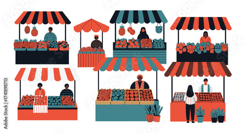 Diverse people selling a variety of fresh produce at outdoor market stalls.