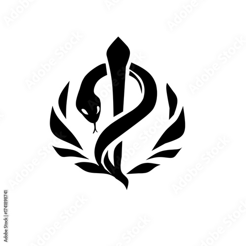 Monochrome logo featuring a serpent coiled around a staff (Rod of Asclepius), framed by a laurel wreath. It represents medicine, healing, health, and achievement with a classic, authoritative.