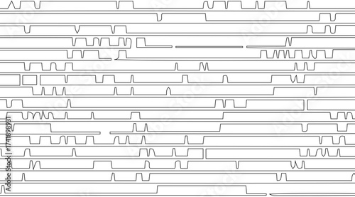 Black line art pattern features numerous horizontal lines with varying square and peak shapes, creating an abstract rhythm and conveying a sense of structured data flow, digitally designed