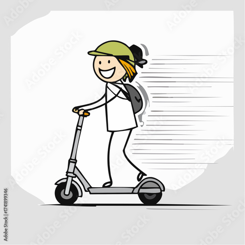 A cheerful young girl wearing a green helmet and backpack rides an electric scooter with a big smile on a white background with gray lines.