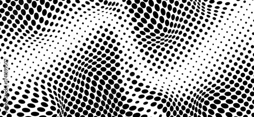 Abstract monochromatic halftone background with flowing, wavy patterns formed by dense black dots transitioning in size and proximity over a clean white backdrop, creating visual depth