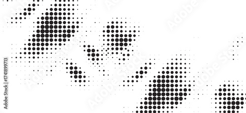 Dynamic halftone pattern in monochrome shows a gradient of circular dots fading across a bright white backdrop, generating a visually textured, slightly noisy effect
