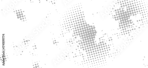 Grey halftone patterns subtly overlay a textured white backdrop, creating an interesting abstract background featuring distressed elements with a subtle vintage effect and an organic feel