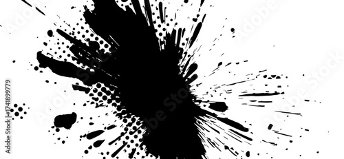 Splashes and dots of black ink create a bold, dynamic design on a bright white backdrop, offering a striking contrast perfect for diverse creative applications and artistic compositions