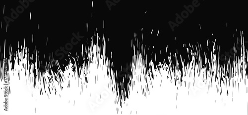 Abstract expressionism features vertical brushstrokes in black and white, forming an energetic yet chaotic design that transitions from a dark top to a brighter bottom area