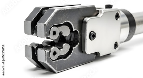 Industrial hydraulic crimping tool head, professional metal cable terminal press, heavy duty electrical wire connector crimper isolated PNG with Transparent Background