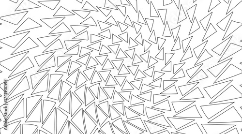 An abstract vortex pattern is created by repeating black outlined triangles against a crisp white background, forming a dynamic and modern monochrome design with geometric precision