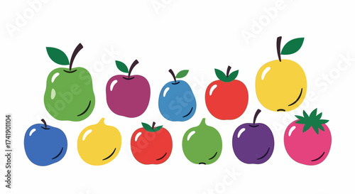 Vibrant collection of colorful cartoon fruit illustrations, featuring stylized apples and pears. A playful flat vector set for healthy eating concepts