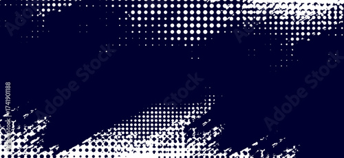 Abstract background features halftone dots and distressed brush strokes in white over a dark blue field, creating a visually dynamic and textured artistic backdrop element