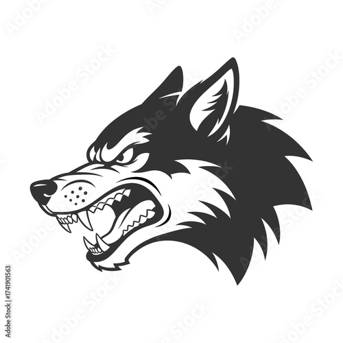 Angry wolf head silhouette vector illustration showing sharp teeth and fierce expression. Perfect for mascot, tattoo, logo, or emblem design.