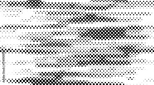 The stark black and white halftone background features a dynamic arrangement of circular dots, creating a textured, layered effect with varying densities and sizes across the design