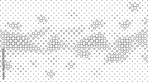 Black and white halftone pattern featuring circles of varying sizes creating a dynamic, textured effect with a modern and minimalist aesthetic in a repeating arrangement