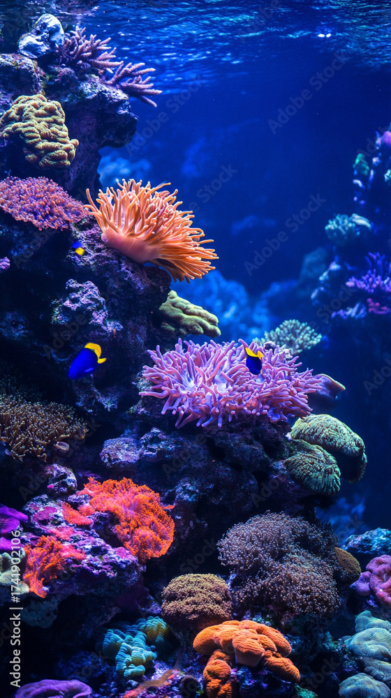 Fototapeta premium Vibrant blue coral reef in an ocean aquarium, showcasing marine life and underwater scenery, perfect for aquatic, nature, and environmental design visuals.