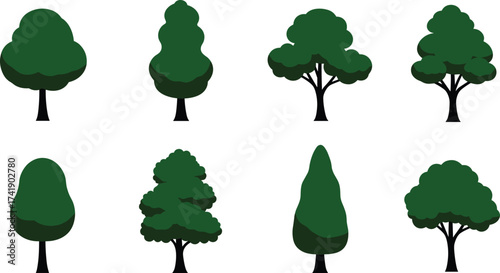 Collection of green tree icons, eco foliage illustration, natural forest elements, park landscape vegetation, botanical design, environment friendly nature resources