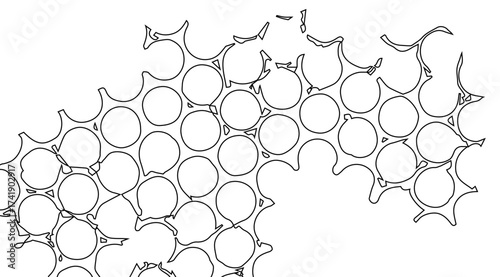 Honeycomb-like structure with repeating round cells in black outlines against a clean white backdrop creates an abstract pattern, emphasizing symmetry and negative space