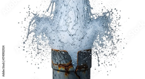Bursting water pipe with high pressure spray, cracked rusty metal plumbing leak, broken industrial pipe explosion with splashing liquid isolated PNG with Transparent Background