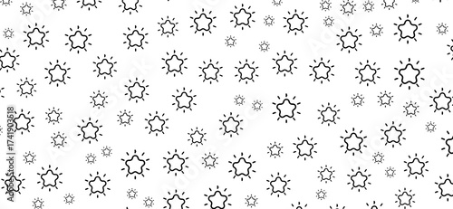 Numerous simple star outlines with radiating lines are scattered across a clean white backdrop, creating an elegant and whimsical black and white star-themed pattern design
