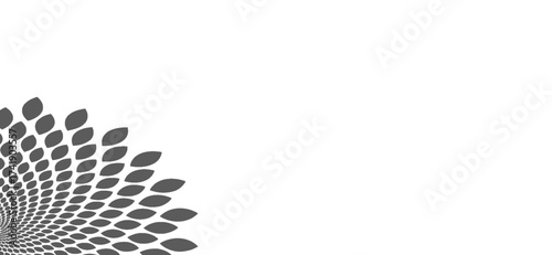A structured arrangement of gray leaf-like shapes arcs across a white background, forming a stylized geometric pattern, that adds an understated yet elegant design element to the scene