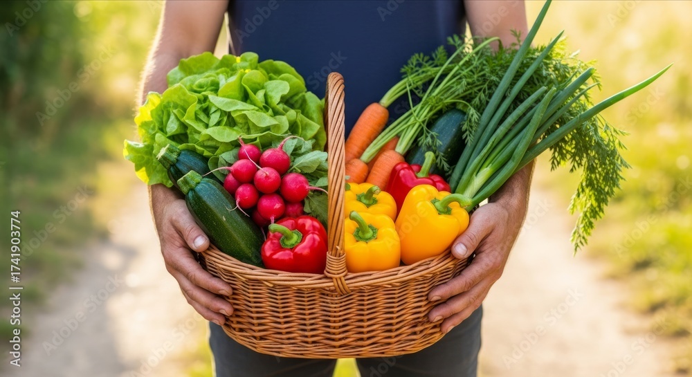 Fototapeta premium Fresh Garden Harvest – Farmer Carrying Basket of Vegetables