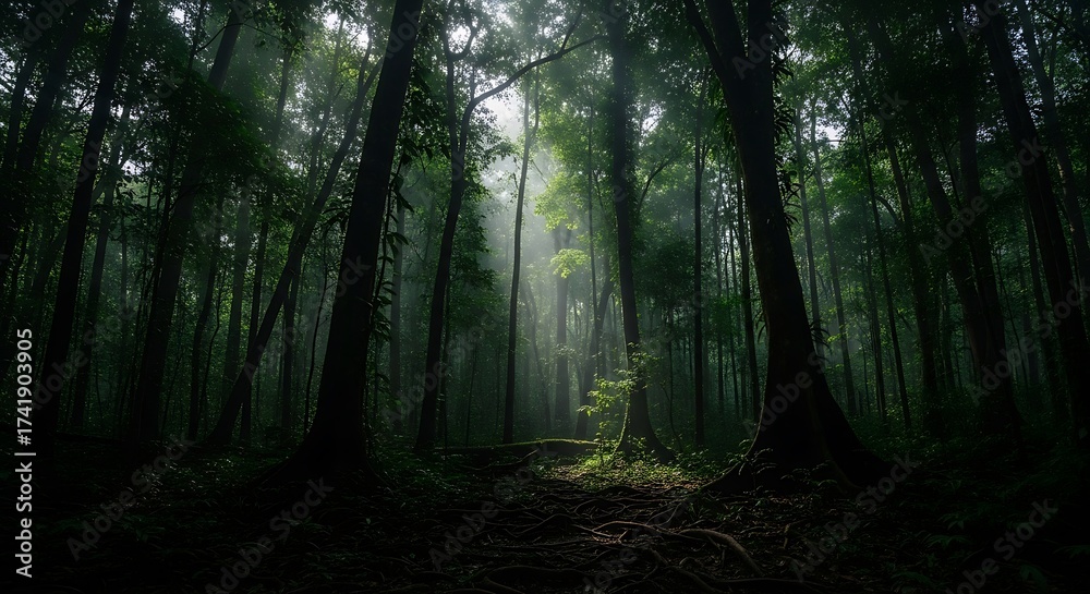 Obraz premium Misty Forest Pathway with Sunbeams Filtering Through Dense Green Canopy at Dawn