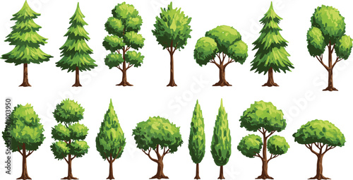 Collection of green tree illustrations, isolated cartoon style forest elements, conifer and deciduous trees, natural landscape design vector graphics