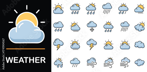 Collection of cartoon weather icons with sun clouds rain snow and lightning