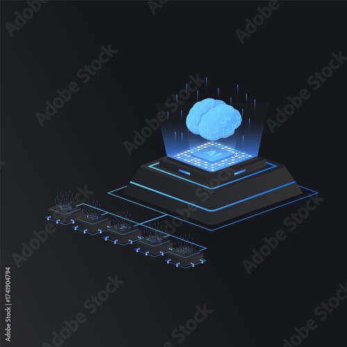 Artificial intelligence chip machine learning isometric vector illustration. Generation ai workflow technology concept.