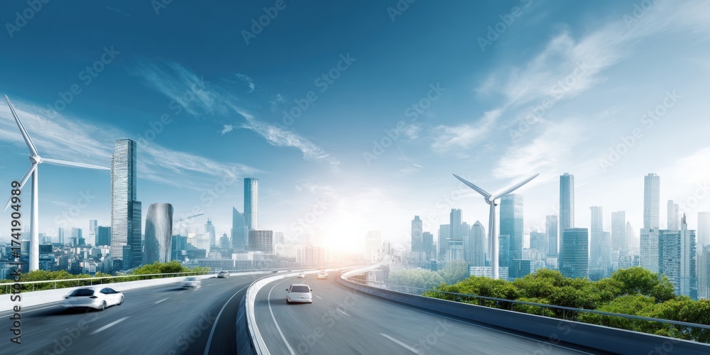 Fototapeta premium Modern Smart City with AI-Driven Renewable Energy Systems and Electric Vehicles Premium Urban Sustainability Content for Tech Marketing Campaigns