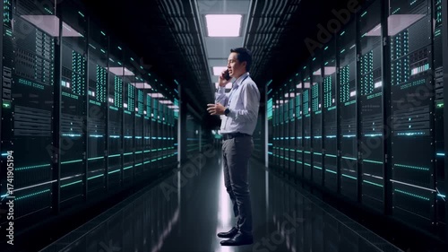 Wallpaper Mural Full Body Side View Of An Asian Male Professional Worker Standing in Server Room Data Center, He Is Speaking With Someone In The Phone And Moving His Left Hand Torontodigital.ca